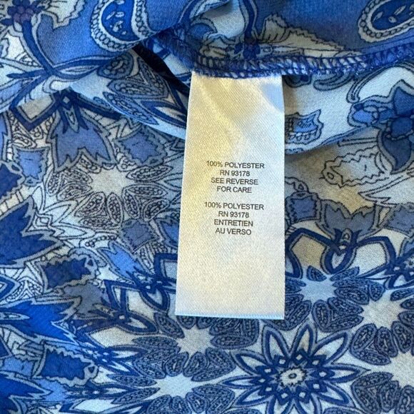 Elie Tahari Semi Sheer Blouse Women's S Blue Print Ruffle Shoulder Top Shirt - Picture 8 of 10
